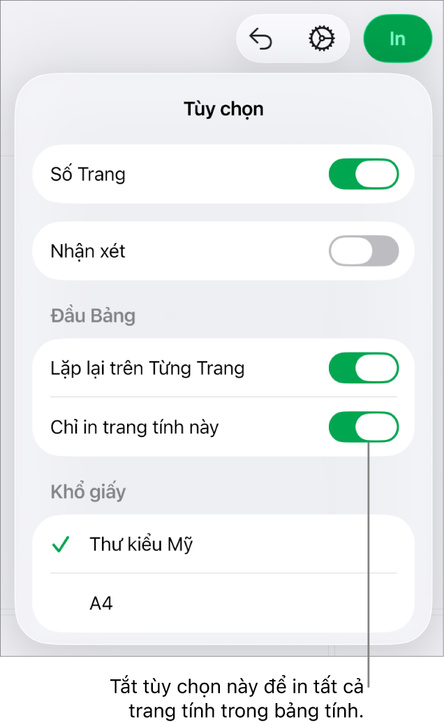 Khung xem trước bản in, với các điều khiển để hiển thị số trang, lặp lại phần đầu trên mỗi trang, thay đổi khổ giấy và lựa chọn in toàn bộ bảng tính hay chỉ trang tính hiện tại.