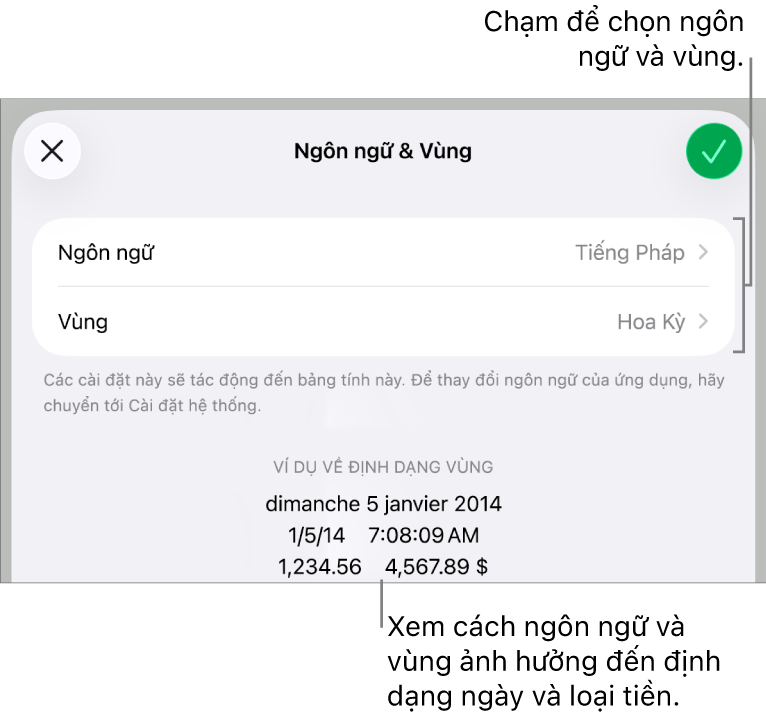 Khung Ngôn ngữ và Vùng với các điều khiển cho ngôn ngữ và vùng và ví dụ về định dạng bao gồm ngày, giờ, phần thập phân và loại tiền.