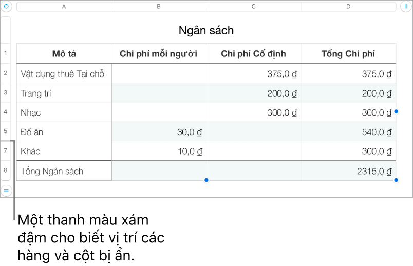 Một thanh màu xám đậm cho biết vị trí của các hàng và cột bị ẩn