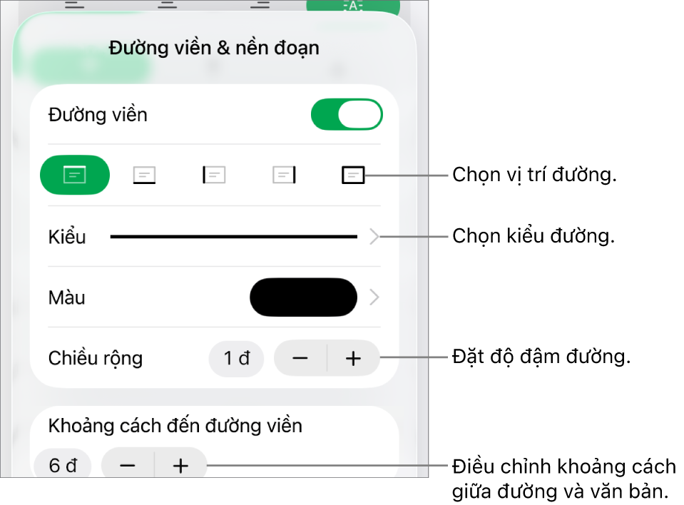 Các điều khiển để thay đổi kiểu đường, độ đậm, vị trí và màu.