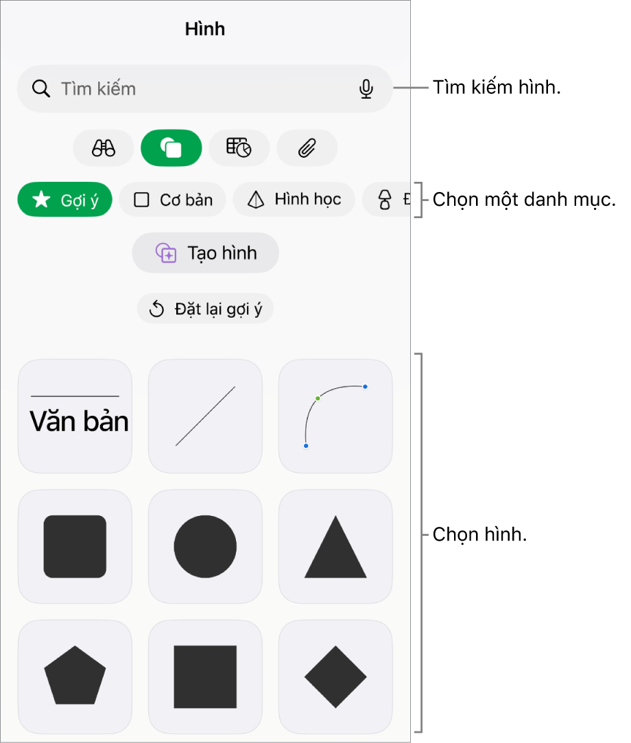 Thư viện hình, với các danh mục ở trên cùng và các hình được hiển thị ở bên dưới. Bạn có thể sử dụng trường tìm kiếm ở trên cùng để tìm các hình và vuốt để xem thêm.