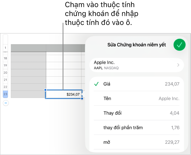 Cửa sổ bật lên chứng khoán niêm yết, với tên chứng khoán ở trên cùng và các thuộc tính chứng khoán có thể chọn, bao gồm giá, tên, thay đổi, phần trăm thay đổi, mở và cao được liệt kê bên dưới.