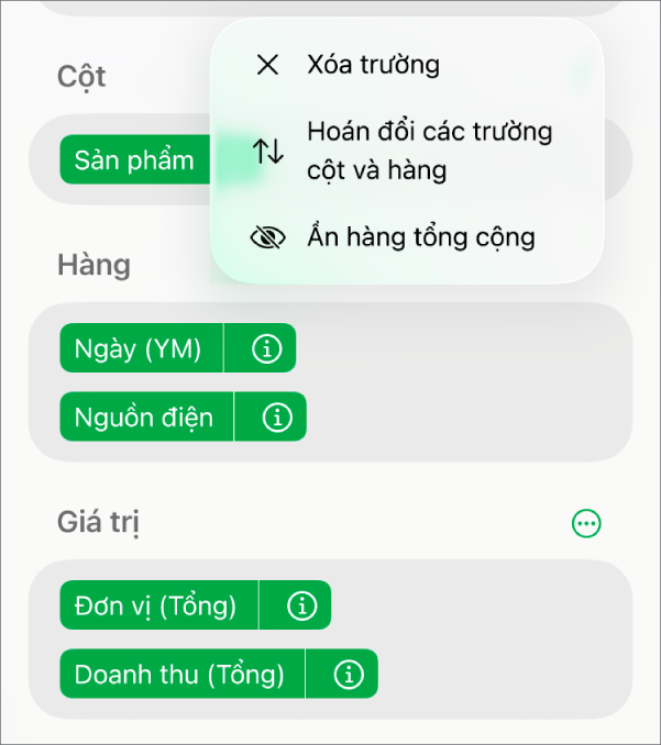 Menu Tùy chọn trường khác, đang hiển thị các điều khiển để ẩn tổng lớn, hoán đổi các trường hàng và cột và xóa các trường.