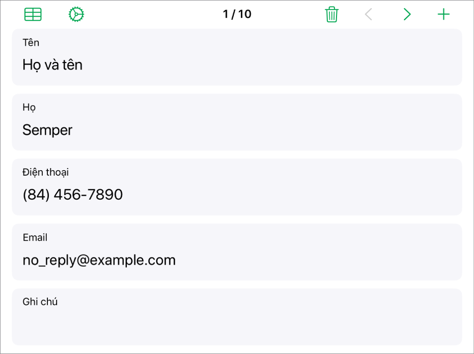 Một hồ sơ trong biểu mẫu với các trường cho tên, số điện thoại, email, v.v. Ngoài ra, các điều khiển để xem bảng được liên kết, các điều khiển thiết lập biểu mẫu và công tắc chuyển giữa các hồ sơ nằm ở trên cùng.