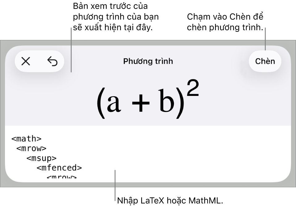Hộp thoại Phương trình, đang hiển thị phương trình được viết bằng các lệnh MathML và bản xem trước của công thức ở bên trên.