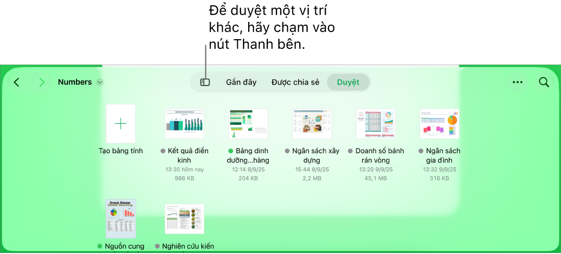 Chế độ xem duyệt của trình quản lý tài liệu với một liên kết vị trí ở góc trên cùng bên trái và bên dưới là trường Tìm kiếm. Ở góc trên cùng bên phải là nút Thêm bảng tính; nút Thư mục mới; menu bật lên để sử dụng chế độ xem danh sách hoặc biểu tượng cũng như để lọc theo tên, ngày, kích cỡ, loại và thẻ; và nút Chọn. Bên dưới các nút đó là các hình thu nhỏ của các bảng tính hiện có.