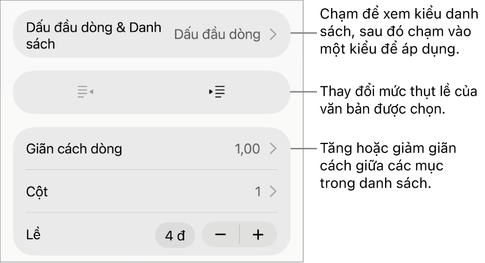 Phần Dấu đầu dòng & Danh sách của điều khiển Định dạng với các chú thích đến Dấu đầu dòng & Danh sách, các nút thụt lề và nhô lề và các điều khiển giãn cách dòng.