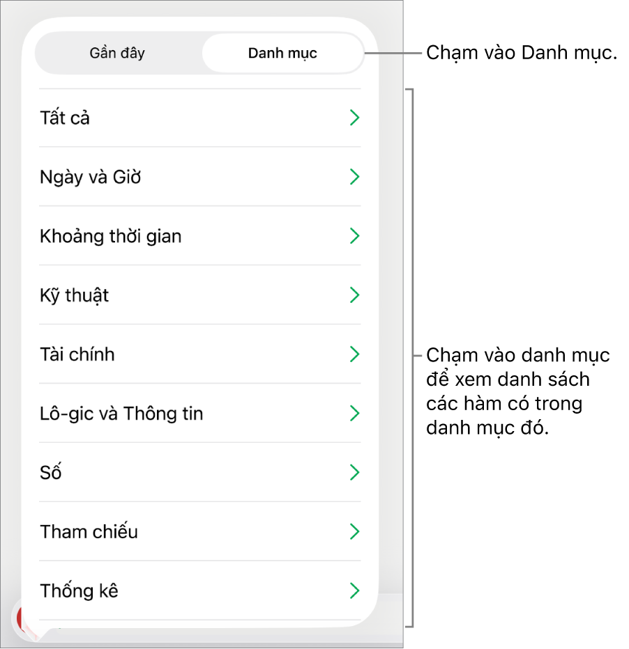 Trình duyệt hàm với nút Danh mục được chọn và danh sách các danh mục ở bên dưới.