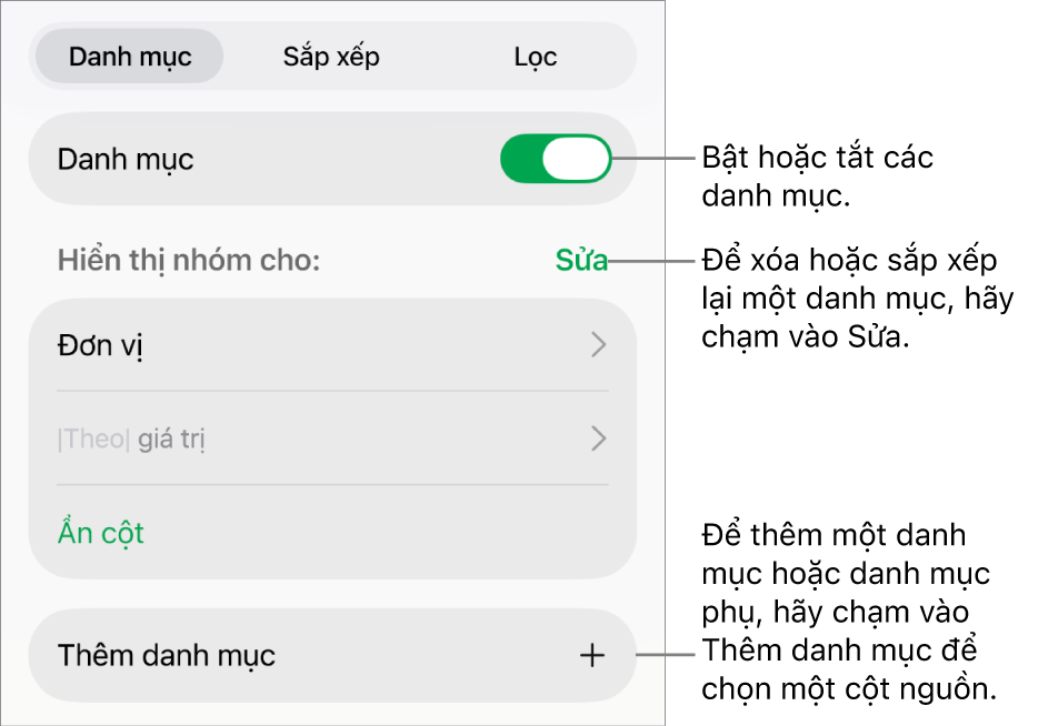 Menu Danh mục cho iPad với các tùy chọn để tắt danh mục, xóa danh mục, nhóm lại dữ liệu, ẩn cột nguồn và thêm danh mục.