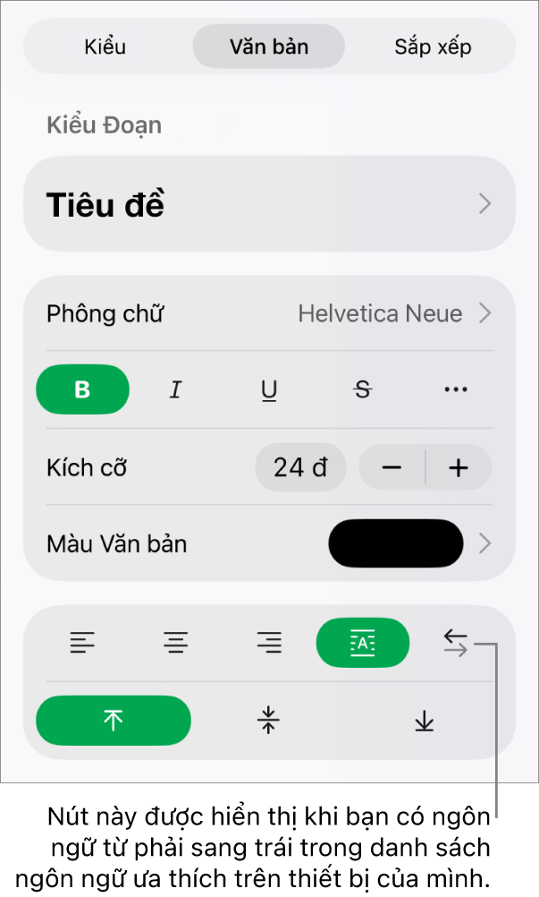 Phần Kiểu của menu Định dạng với chỉ thị đến các nút Phải sang trái.