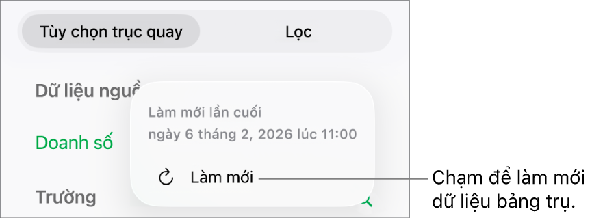 Menu Tùy chọn trục quay đang hiển thị tùy chọn làm mới bảng trụ.