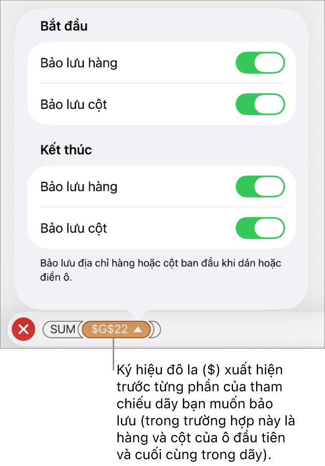 Các điều khiển để chỉ định tham chiếu nào trong các tham chiếu hàng và cột của ô nên được bảo lưu nếu ô được di chuyển hoặc sao chép. Ký hiệu đô la xuất hiện trước từng phần của tham chiếu vùng bạn muốn bảo lưu.