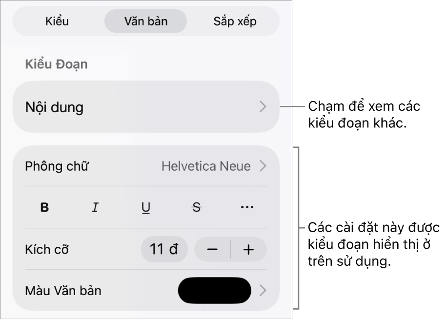Menu Định dạng đang hiển thị các điều khiển văn bản để đặt kiểu, phông chữ, kích cỡ và màu của đoạn và ký tự.