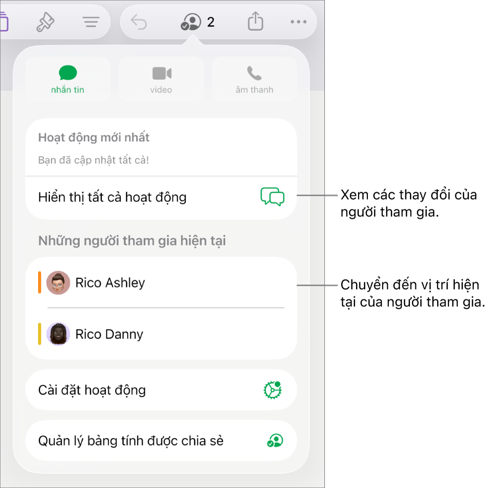 Menu cộng tác có những người tham gia hiện tại được liệt kê.