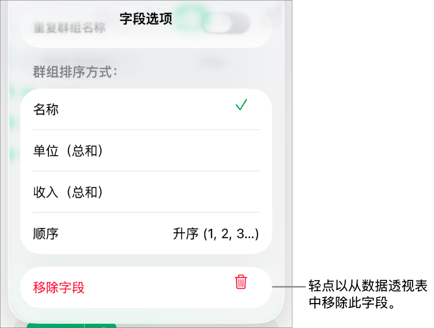 “字段选项”菜单,显示成组和排序数据的控制以及移除字段的选项。