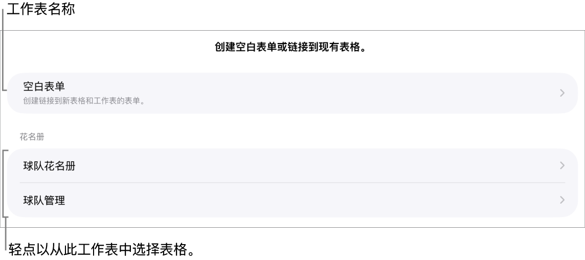 位于同一个电子表格中的表格列表,顶部的选项用于创建空白表单。
