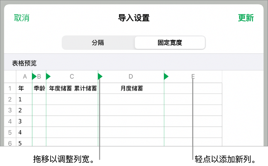 固定列宽的文本文件的导入设置。