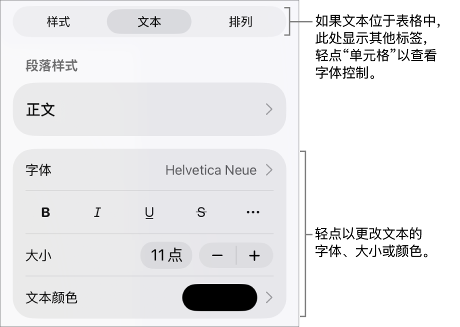 “格式”菜单中的“文本”控制,用于设定段落和字符样式、字体、大小和颜色。