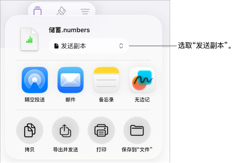 顶部已选中“发送副本”的“共享”菜单。