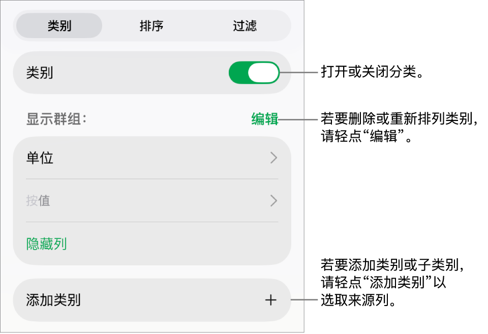 iPad 上的“类别”菜单带有以下选项：关闭类别、删除类别、重新成组数据、隐藏来源列和添加类别。