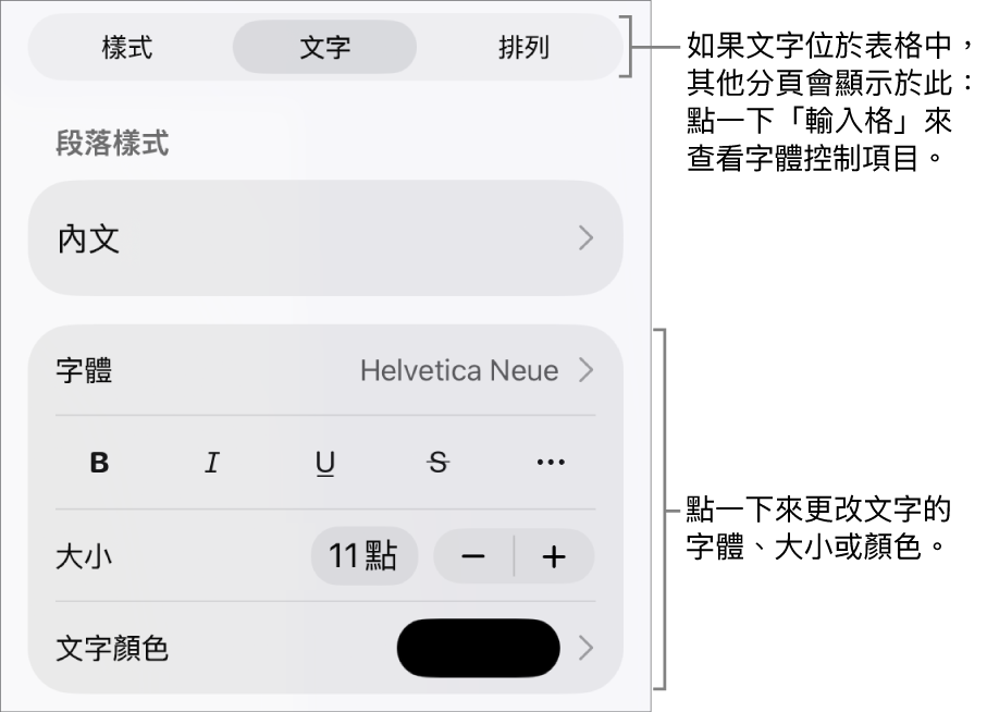 「格式」選單中設定段落及字元樣式、字體、大小和顏色的文字控制項目。
