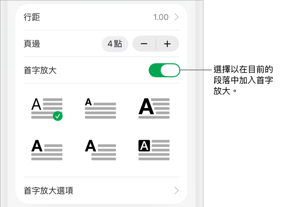 「首字放大」控制項目位於「文字」選單。