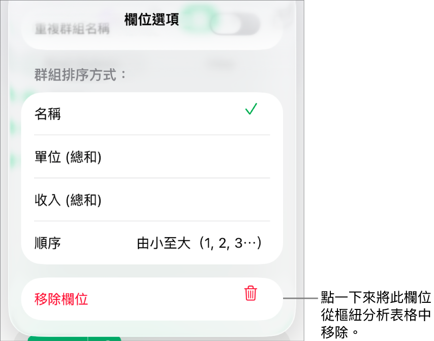 「欄位選項」選單，其顯示群組和排序資料的控制項目，以及移除欄位的選項。