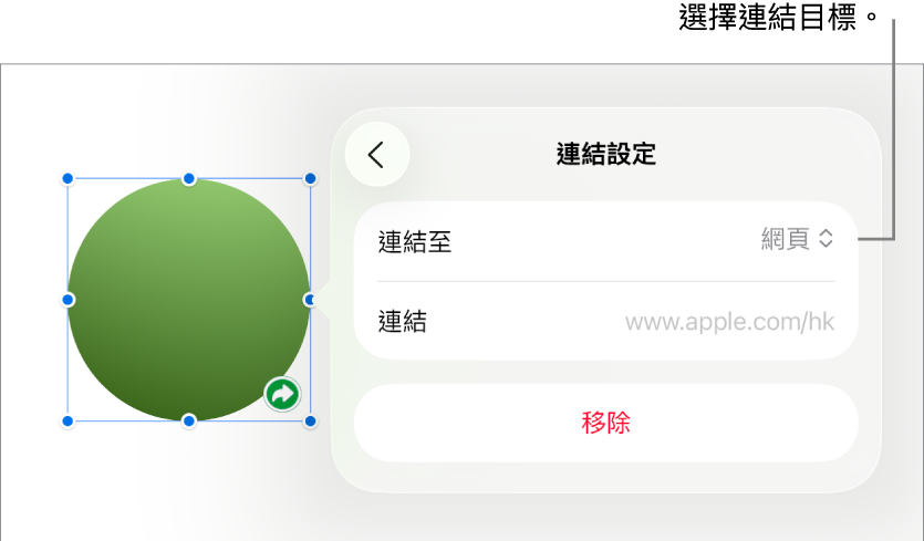「連結設定」控制項目,其中已選取「網頁」,而「移除」按鈕則位於底部。