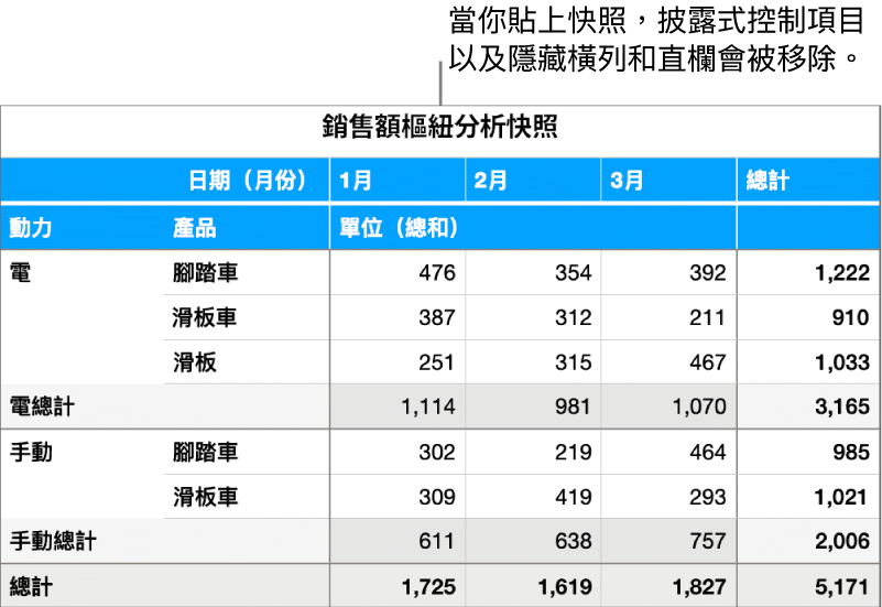 樞紐分析表格快照。