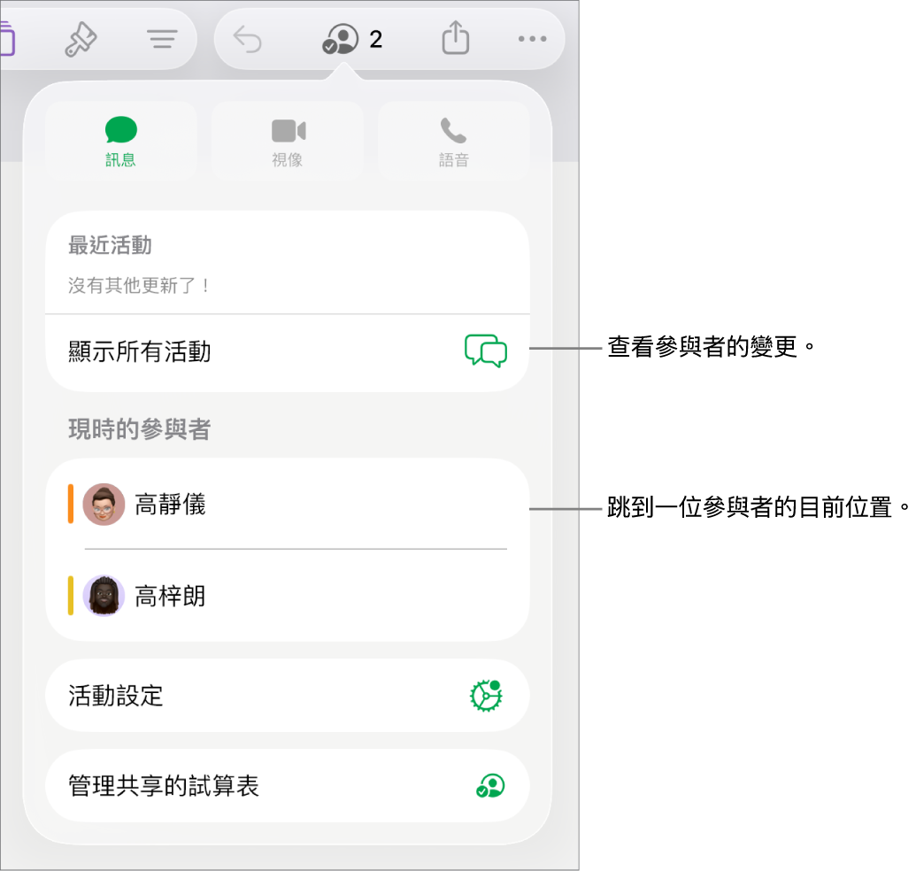 共同編輯選單，其中列出目前的參與者。