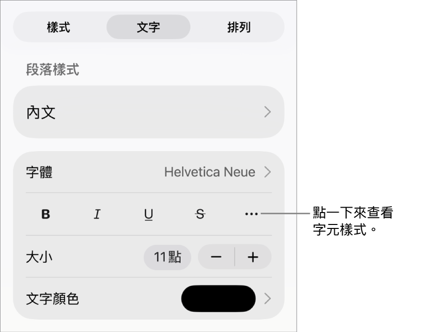 具備段落樣式的「格式」控制項目在最上方,然後是「字體」控制項目。「字體」下方為「粗體」、「斜體」、「底線」、「刪除線」和「更多文字選項」按鈕。