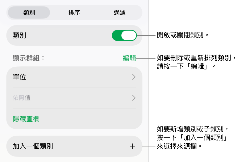 iPad 版的「類別」(選單包括以下選項:關閉類別、刪除類別、重新分類資料、隱藏來源欄和加入類別。