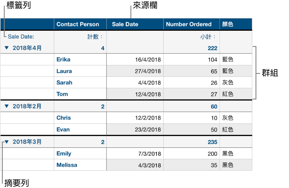 分類的表格顯示來源欄、群組、摘要列和標籤列。