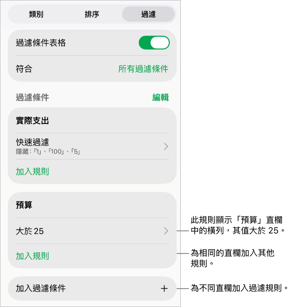 控制項目,用於加入新過濾規則或編輯現有過濾規則。