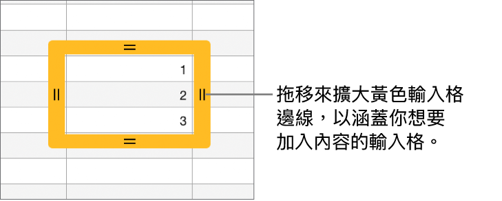 所選的輸入格帶有大的黃色邊線,你可以拖移來自動填充輸入格。