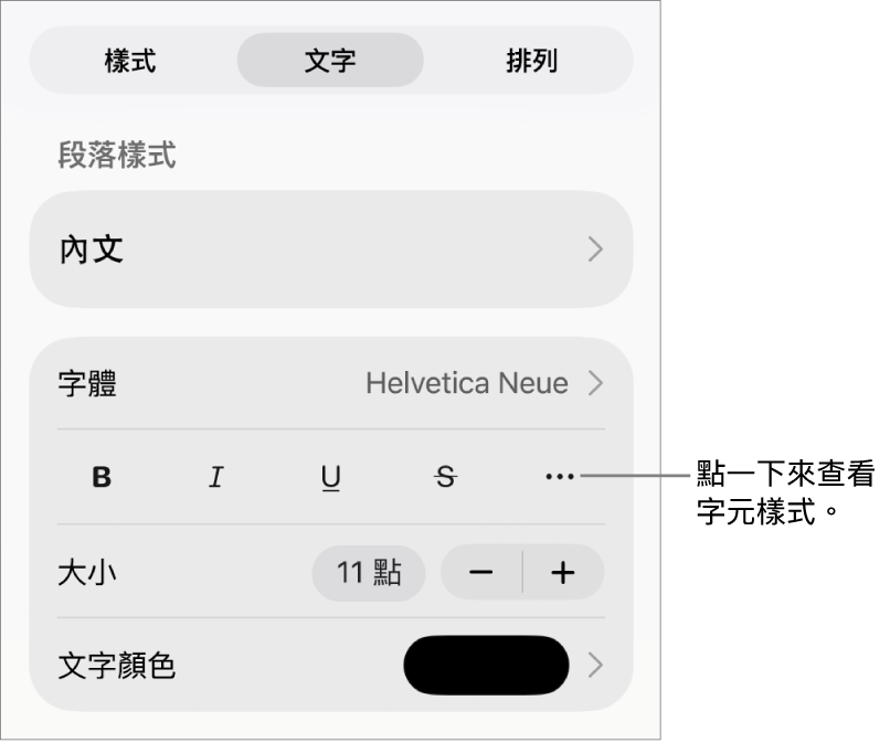 帶有段落樣式的「格式」控制項目位於最上方,然後是「字體」控制項目。「字體」下方為「粗體」、「斜體」、「底線」、「刪除線」和「更多文字選項」按鈕。