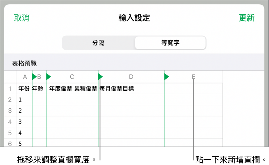 等寬文字檔案的輸入設定。