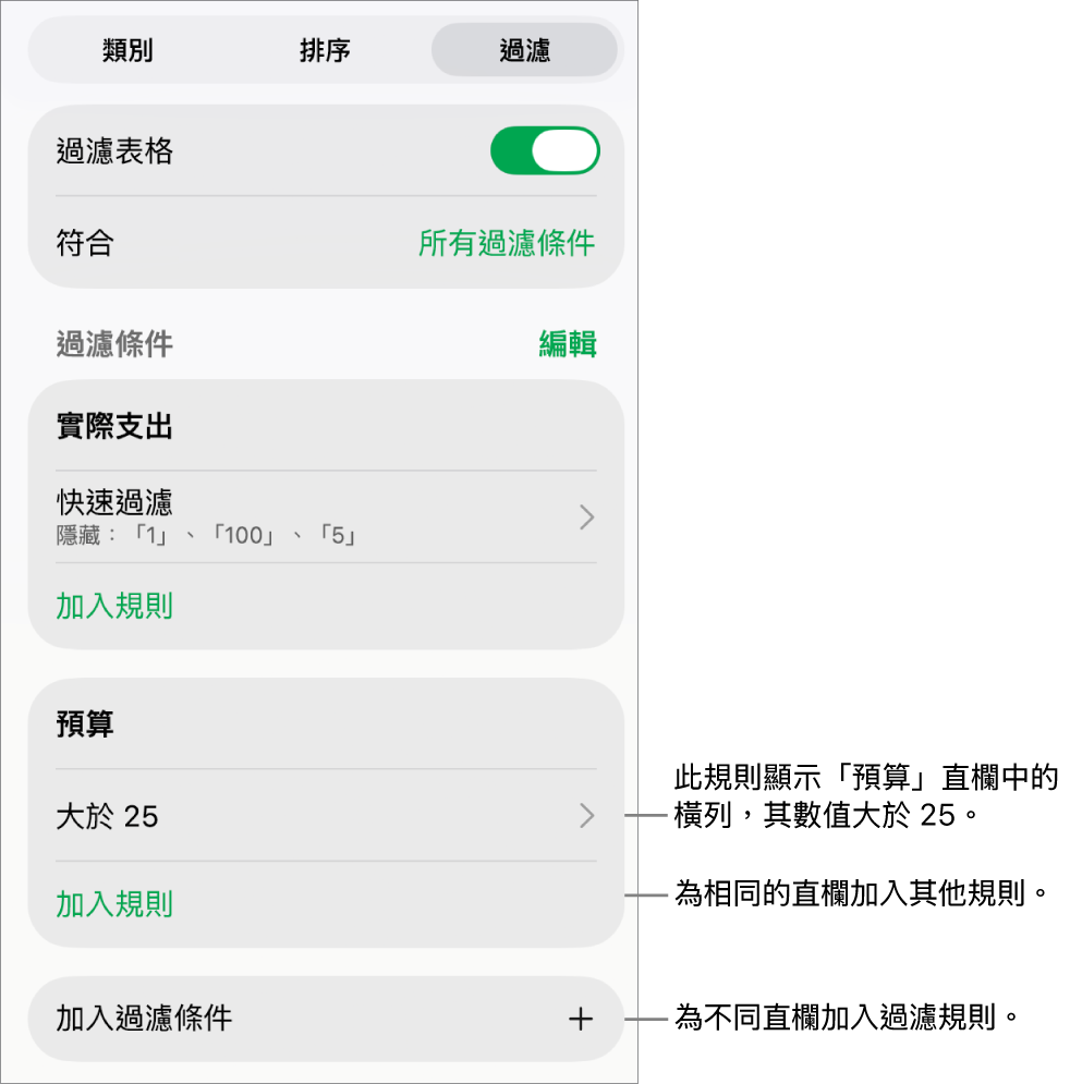 控制項目,用於加入新過濾規則或編輯現有過濾規則。