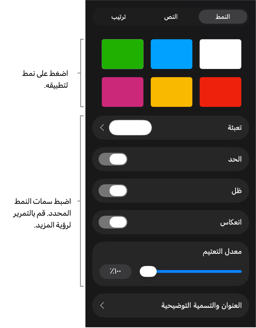علامة تبويب النمط من قائمة التنسيق مع أنماط الكائنات في الجزء العلوي وعناصر التحكم أدناها لتغيير الحدود والظل والانعكاس والتعتيم.