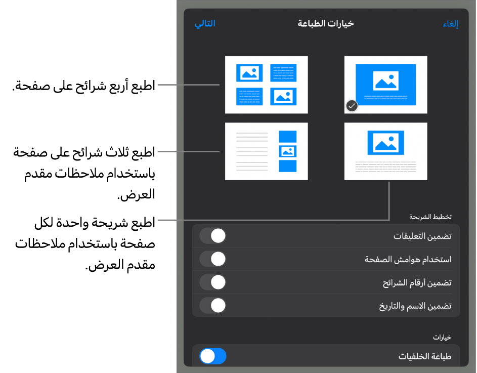 طباعة خيارات التخطيط.