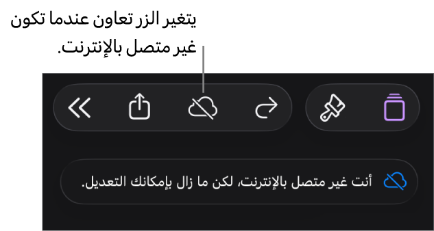 الأزرار في الجزء العلوي من الشاشة، ويتغير الزر تعاون إلى سحابة يتوسطها خط مائل. تنبيه على الشاشة يعرض "أنت غير متصل بالإنترنت، لكن ما زال بإمكانك التعديل."