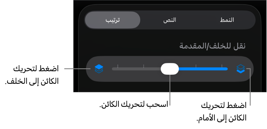 زر تحريك للخلف، وزر تحريك للأمام، وشريط تمرير الطبقة.