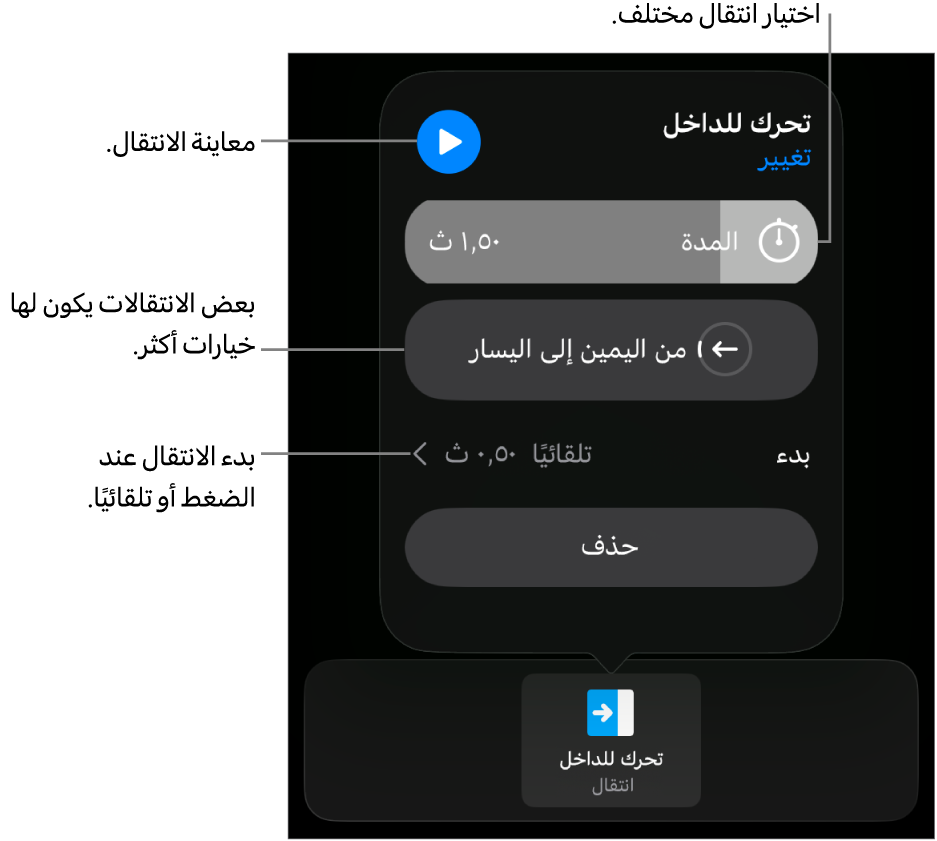 عناصر التحكم في جزء الخيارات لتعديل الانتقال.