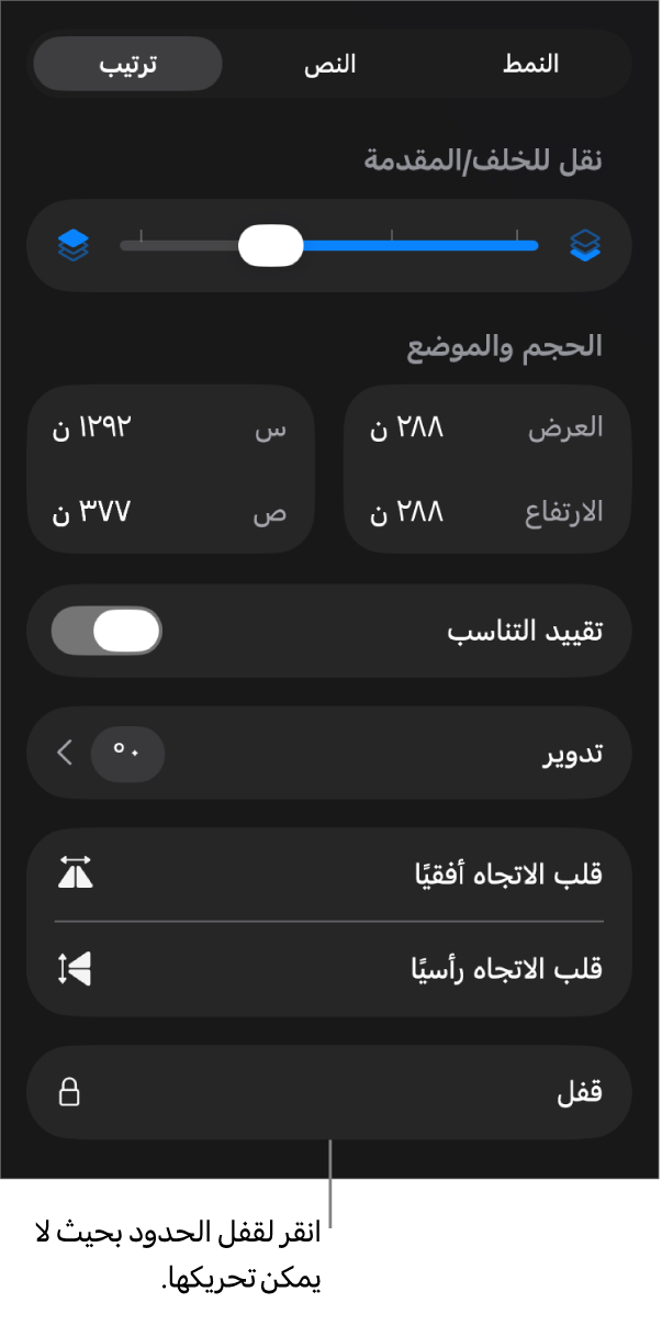 عناصر التحكم في الترتيب في قائمة التنسيق مع وضع وسيلة شرح على زر القفل.