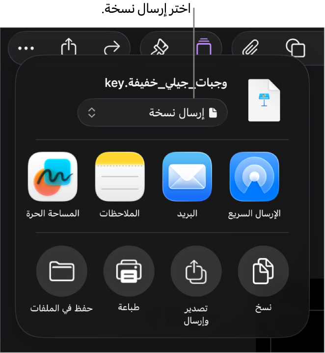 القائمة مشاركة حيث يظهر بها الخيار إرسال نسخة محددًا في الجزء العلوي.
