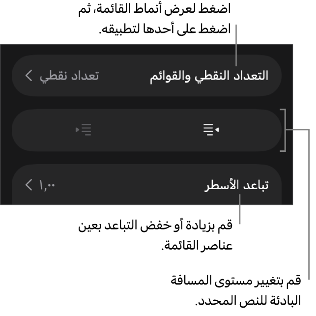 قسم التعداد النقطي والقوائم في عناصر التحكم في التنسيق مع وسائل شرح للتعداد النقطي والقوائم وزرا مسافة بادئة يسار ومسافة بادئة يمين وعناصر التحكم في تباعد الأسطر.