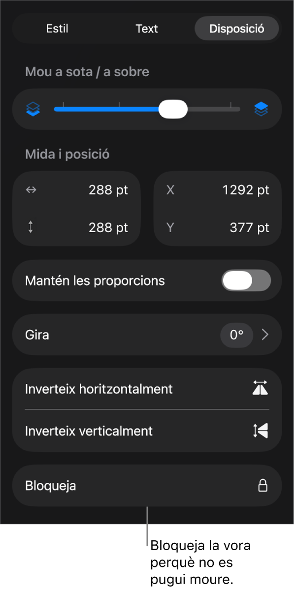 Els controls de disposició al menú “Format” amb el botó “Bloqueja” ressaltat.