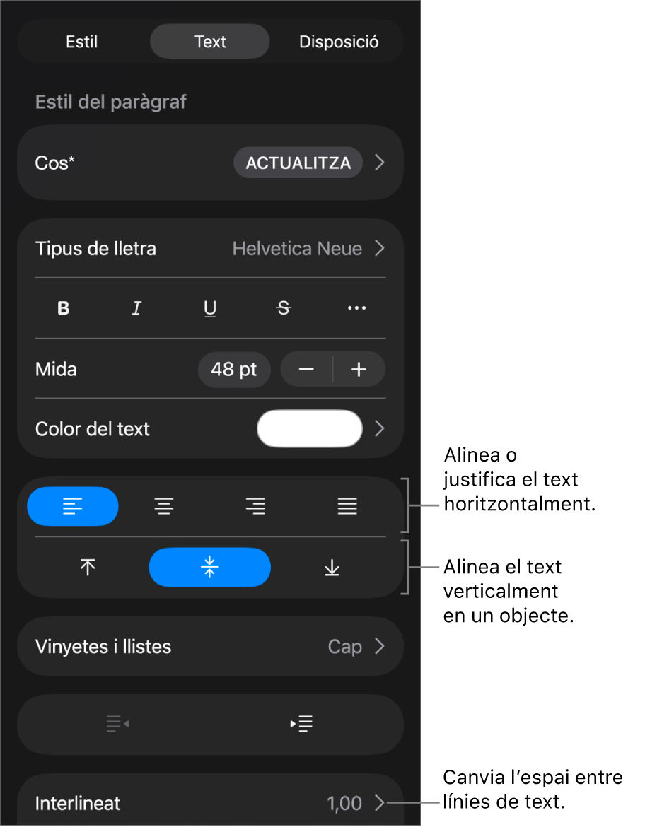 La secció Disposició, amb llegendes per als botons d’alineació i d’espaiat del text.