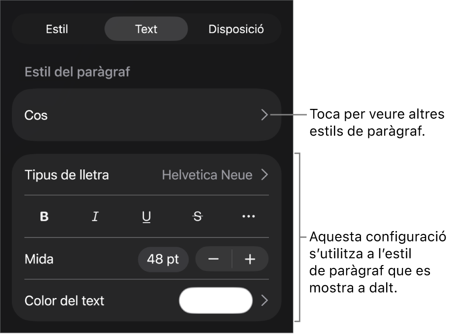 El menú Format amb els controls de text per definir els estils de paràgraf i de caràcter, el tipus de lletra, la mida i el color.