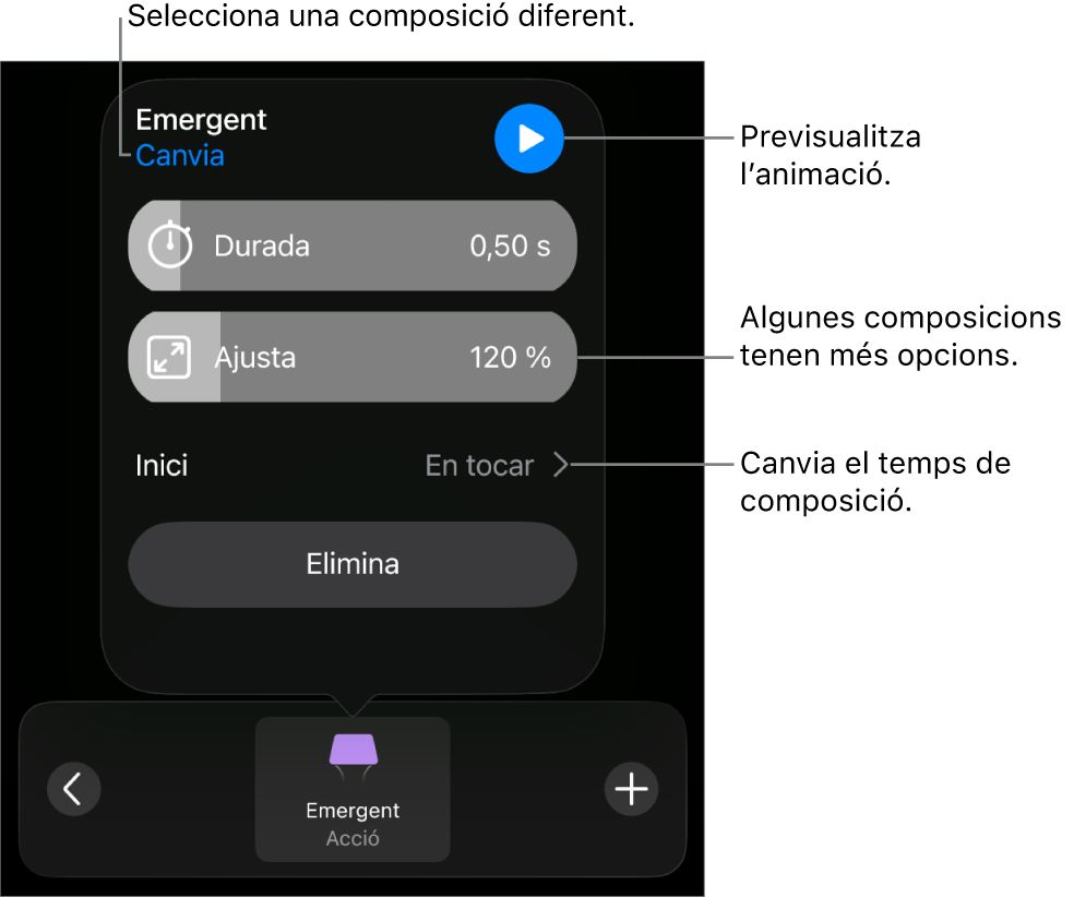 Les composicions d’entrada tenen les opcions Durada i “Temporització d’inici”. Toca “Canvia” per seleccionar una entrada diferent o “Previsualitza” per previsualitzar la composició.